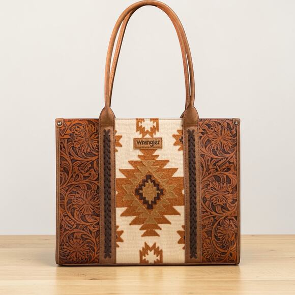 Wrangler Handbags - Wrangler Knitted Southwest Tapestry & Tooled Large Brown Tote Bag *NEW w/ Tags*